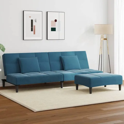 Sofá Cama de 2 Plazas Con Taburete Terciopelo Azul