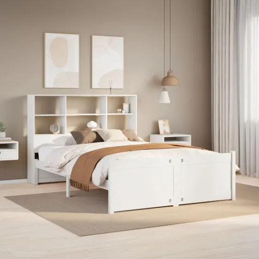 Cama Con Estantería Sin Colchón Madera Maciza Blanca 120x190 cm