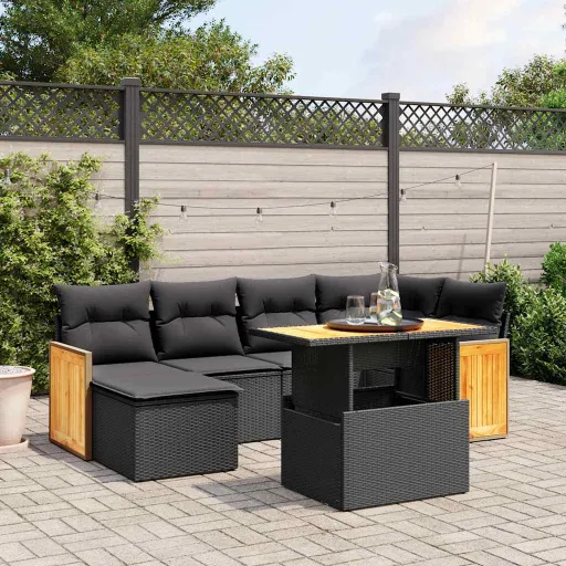 Set de Comedor de Jardín 7 Pzas y Cojines Ratán Sintético Negro