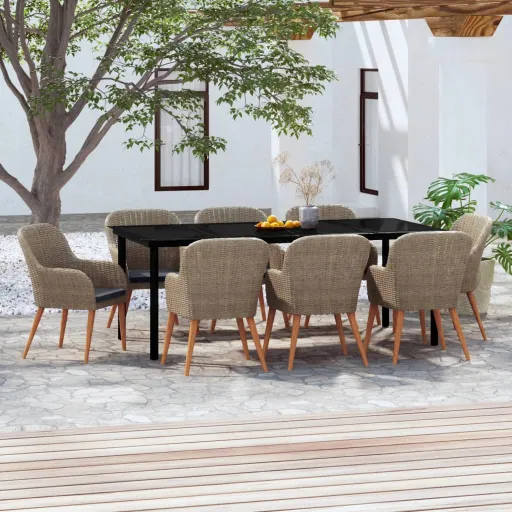 Juego de Comedor de Jardín 9 Piezas y Cojines Marrón