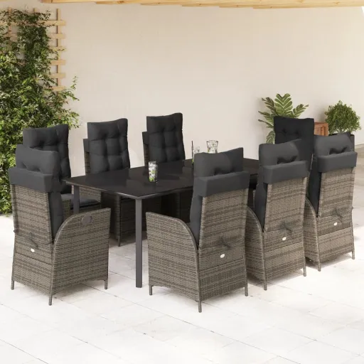 Set Comedor Jardín 9 Pzas y Cojines Ratán Sintético Gris