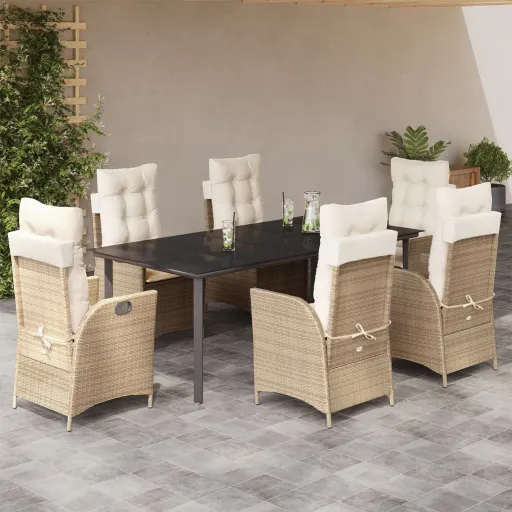 Set Comedor de Jardín 7 Pzas Con Cojines Ratán Sintético Beige