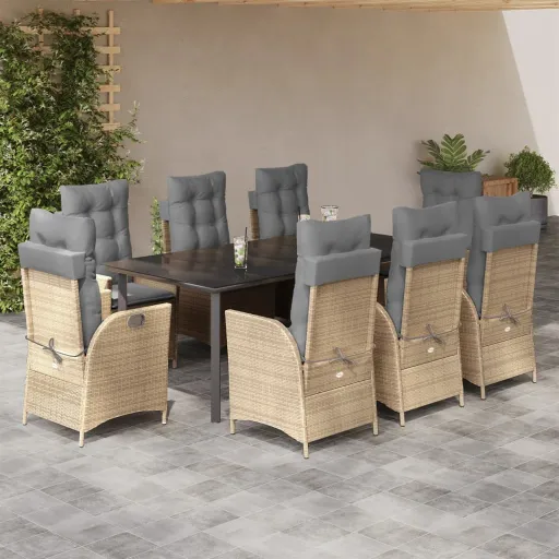Set Comedor de Jardín 9 Pzas Con Cojines Ratán Sintético Beige
