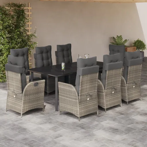 Set Comedor de Jardín 9 Pzas Cojines Ratán Sintético Gris Claro