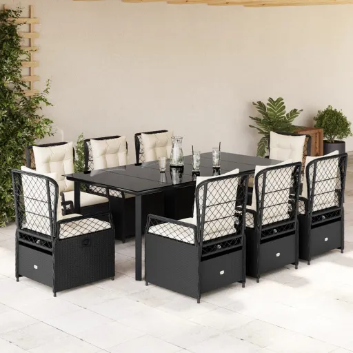 Set de Comedor de Jardín 9 Pzas y Cojines Ratán Sintético Negro