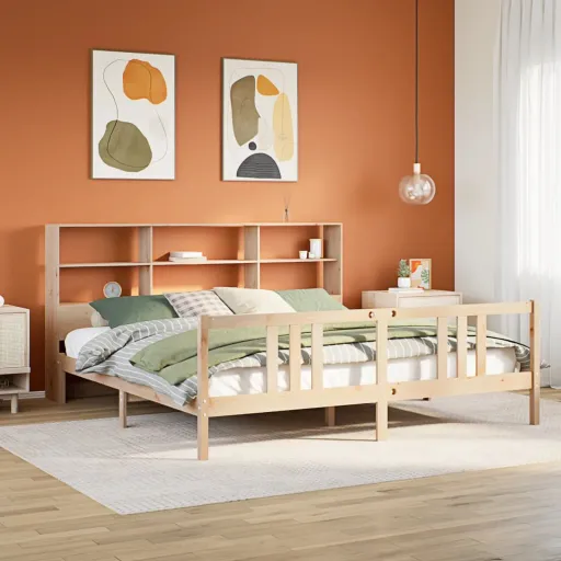 Cama Con Estantería Sin Colchón Madera Maciza de Pino 180x200cm