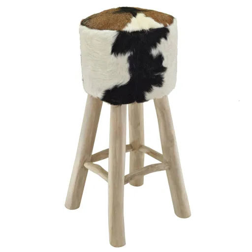 Taburete de Cocina de Piel de Cabra y Madera de Teca Maciza