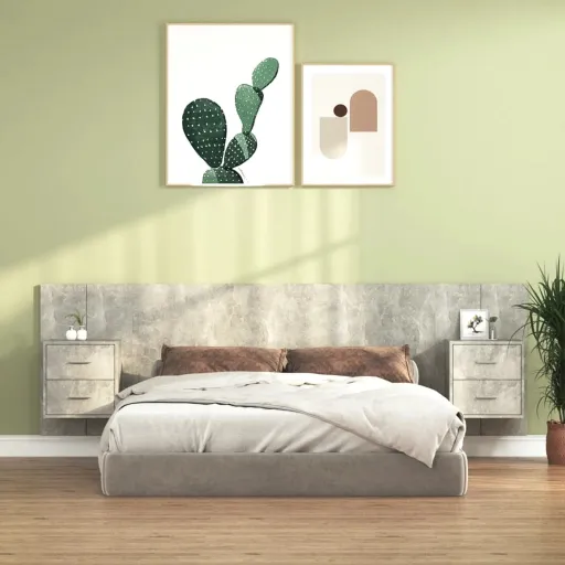 Cabecero de Cama y Mesitas Madera Contrachapada Gris Hormigón