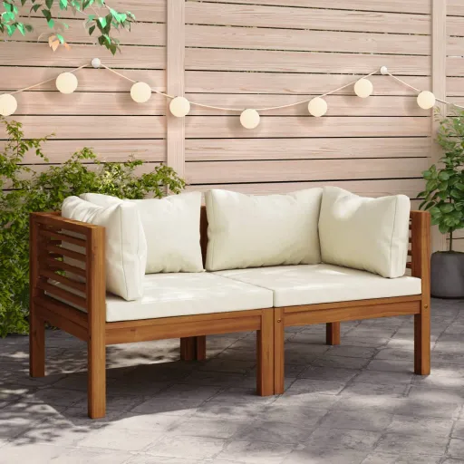 Sofás de Esquina 2 Uds Cojines Blanco Crema Madera de Acacia