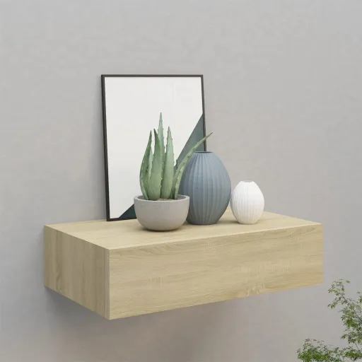 Estante Con Cajón de Pared MDF Roble 40x23,5x10 cm