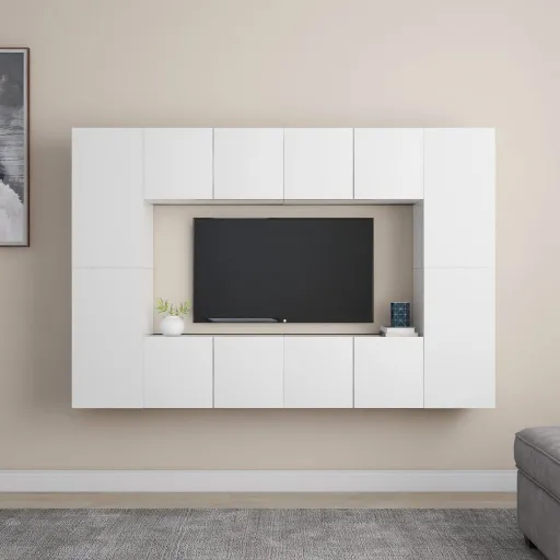 Set de Muebles de Salón TV 8 Piezas Madera de Ingeniería Blanco