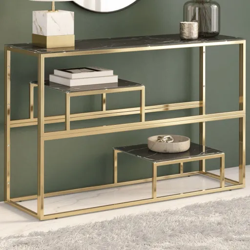 Mesa Consola Acero Inoxidable Dorado y Vidrio Templado