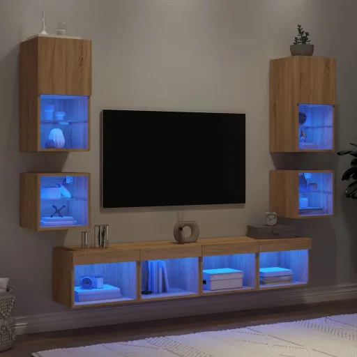 Muebles TV Pared Con LED 8 Pzas Madera Ingeniería Roble Sonoma