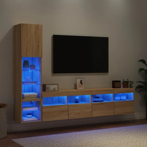 Muebles TV Pared Con LED 4 Pzas Madera Ingeniería Roble Sonoma