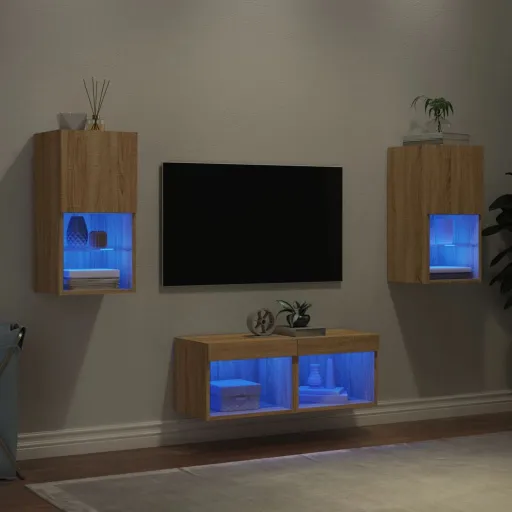 Muebles de TV de Pared Con Luces LED 4 Piezas Roble Sonoma