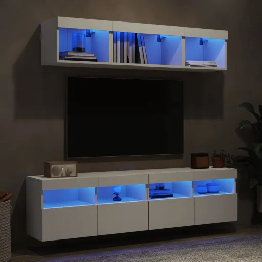 Muebles de TV de Pared Con LED 5 Pzas Madera Ingeniería Blanco