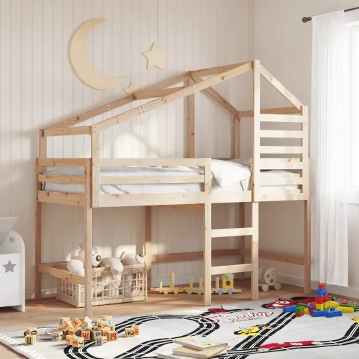 Cama Alta Con Escalera y Techo Madera Maciza de Pino 90x190 cm