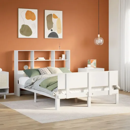 Cama Con Estantería Sin Colchón Madera Maciza Blanca 120x190 cm