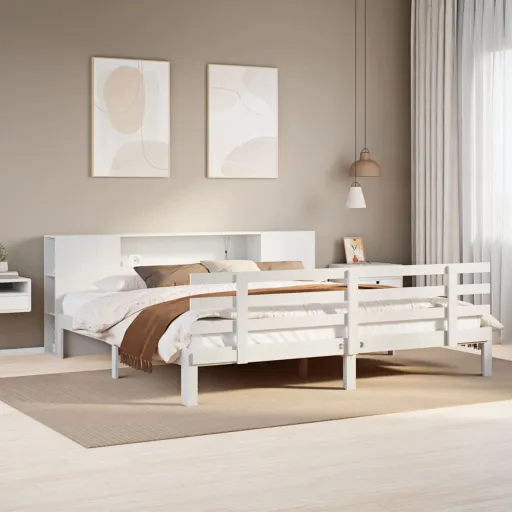 Cama Con Estantería Sin Colchón Madera Maciza Blanca 200x200 cm