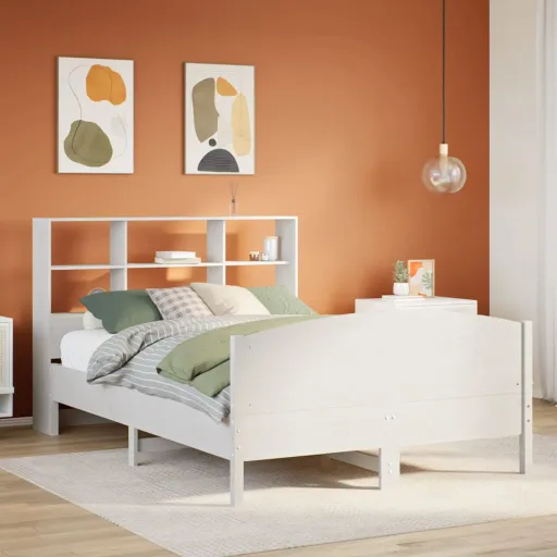 Cama Con Estantería Sin Colchón Madera Maciza Blanca 120x200 cm