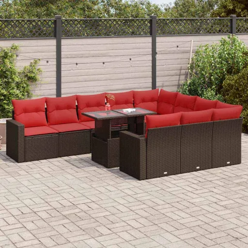 Set Sofás Jardín y Cojines 11 Pzas Ratán Sintético Acacia Marrón