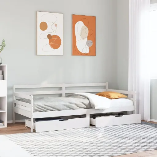 Sofá Cama Con Cajones Madera Maciza de Pino Blanca 90x190 cm