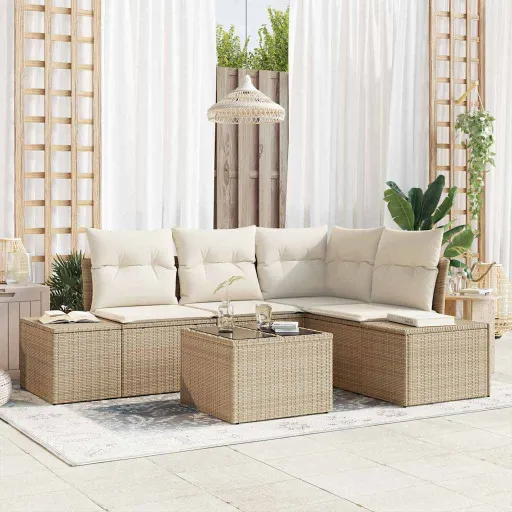 Conjunto de Sofás de Jardín Beige y Crema Ratán Sintético