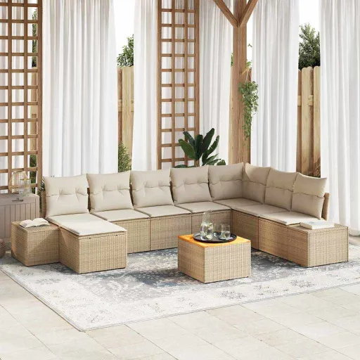 Conjunto de Sofá de Jardín   Beige y Blanco (9 pcs)
