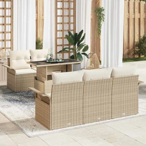 Conjunto de Sofá de Jardín   Beige Rattan de Poliéster (6 pcs)