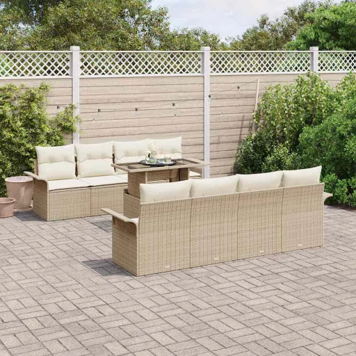 Conjunto de Sofá de Jardín   Beige Rattan de Poliéster (9 pcs)