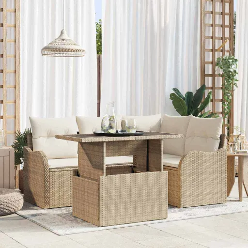 Conjunto de Sofá de Jardín   Beige Rattan de Poliéster (5 pcs)