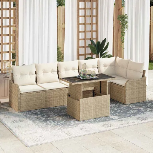 Conjunto de Sofá de Jardín   Beige Rattan de Poliéster (7 pcs)