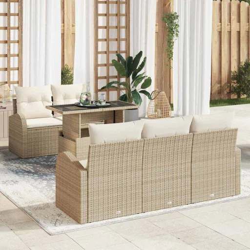 Conjunto de Sofá de Jardín   Beige Rattan de Poliéster (6 pcs)