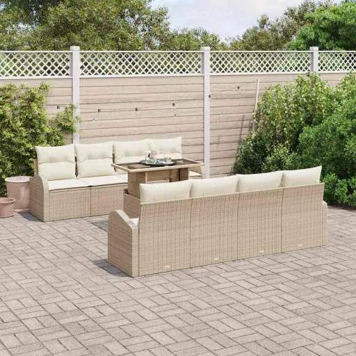 Conjunto de Sofá de Jardín   Beige Rattan de Poliéster (9 pcs)