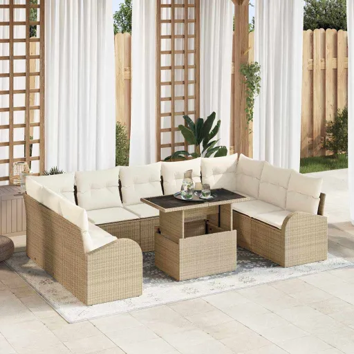 Conjunto de Sofá de Jardín Con Cojín   Beige Poliratán (10 pcs)