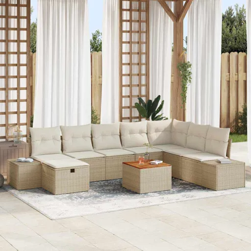 Conjunto de Sofás de Jardín Con Cojín   Beige Poliratán (9 pcs)