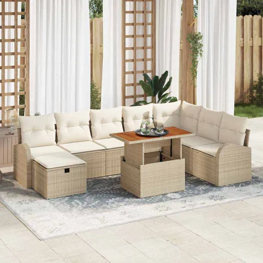 Conjunto de Sofá de Jardín   Beige Ratán Sintético (9 pcs)