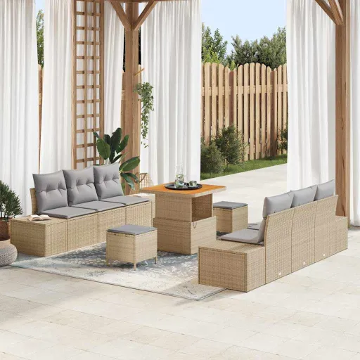 Conjunto de Sofás de Jardín Con Cojín   Beige Poliratán (9 pcs)