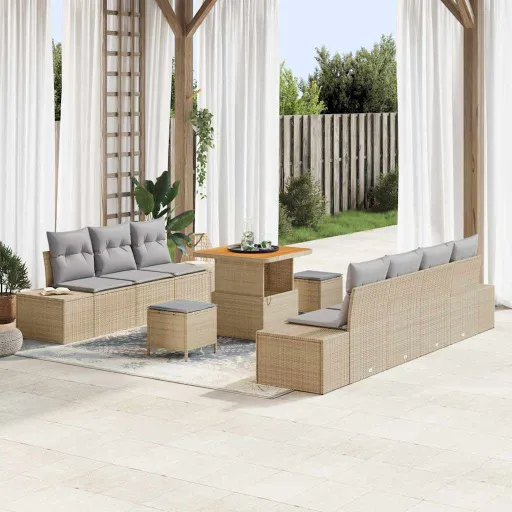 Conjunto de Sofás de Jardín Con Cojín   Beige Poliratán (10 pcs)