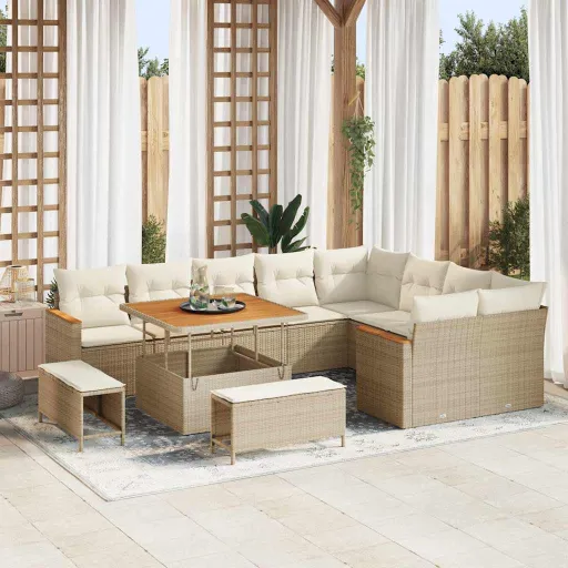 Conjunto de Sofá de Jardín   Beige Rattan de Poliéster (12 pcs)