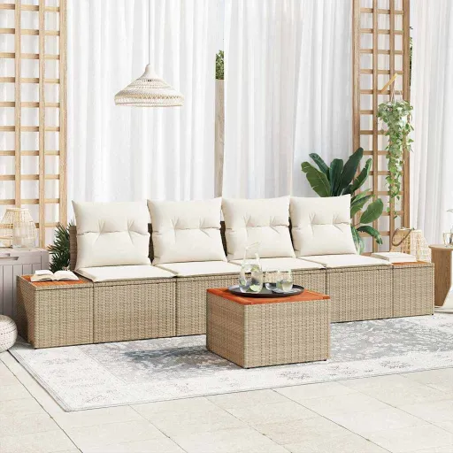 Conjunto de Sofá de Jardín Con Cojín   Beige Poliratán (5 pcs)