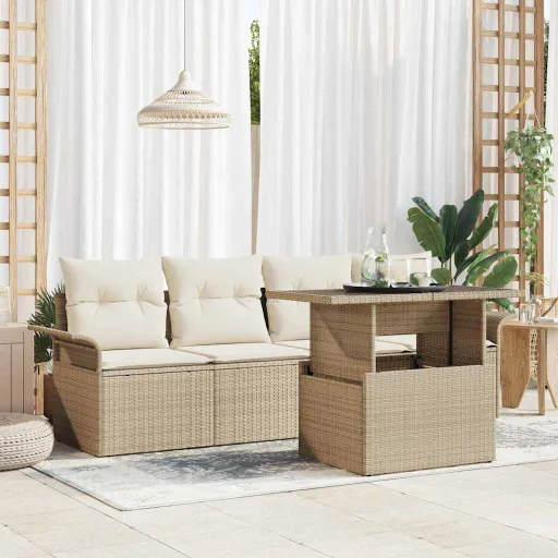 Conjunto de Sofá de Jardín   Beige Rattan de Poliéster (5 pcs)