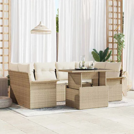 Conjunto de Sofá de Jardín   Beige Rattan de Poliéster (7 pcs)