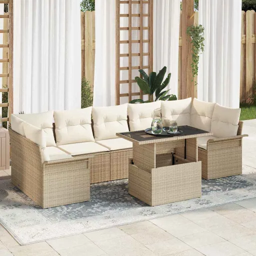 Conjunto de Sofá de Jardín   Beige Rattan de Poliéster (8 pcs)