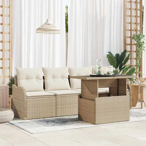 Conjunto de Sofá de Jardín   Beige Rattan de Poliéster (5 pcs)