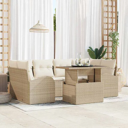 Conjunto de Sofá de Jardín   Beige Rattan de Poliéster (7 pcs)