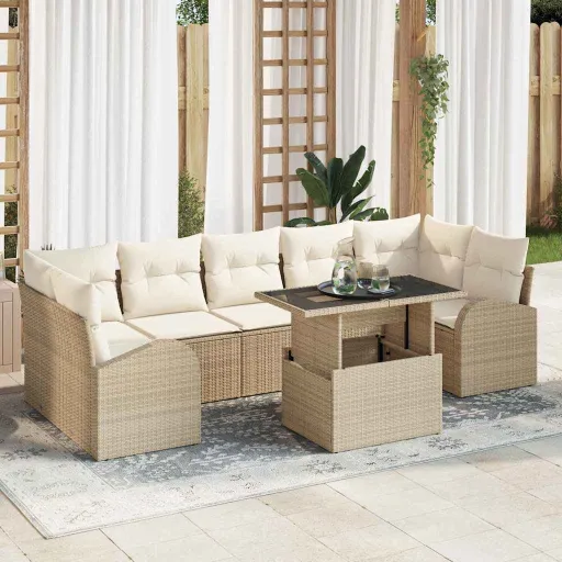 Conjunto de Sofá de Jardín   Beige Rattan de Poliéster (8 pcs)