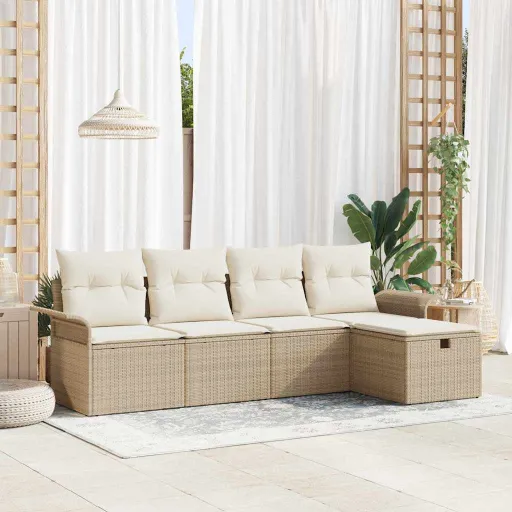 Conjunto de Sofá de Jardín Con Cojín   Beige Poliratán (5 pcs)