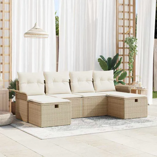 Conjunto de Sofá de Jardín Con Cojín   Beige Poliratán (6 pcs)