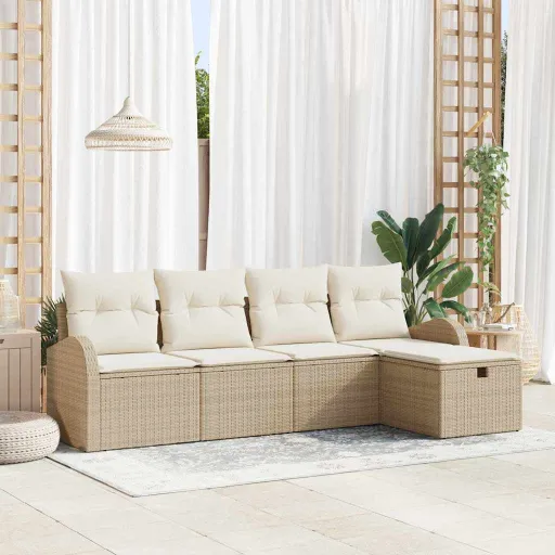 Conjunto de Sofá de Jardín Con Cojín   Beige Poliratán (5 pcs)